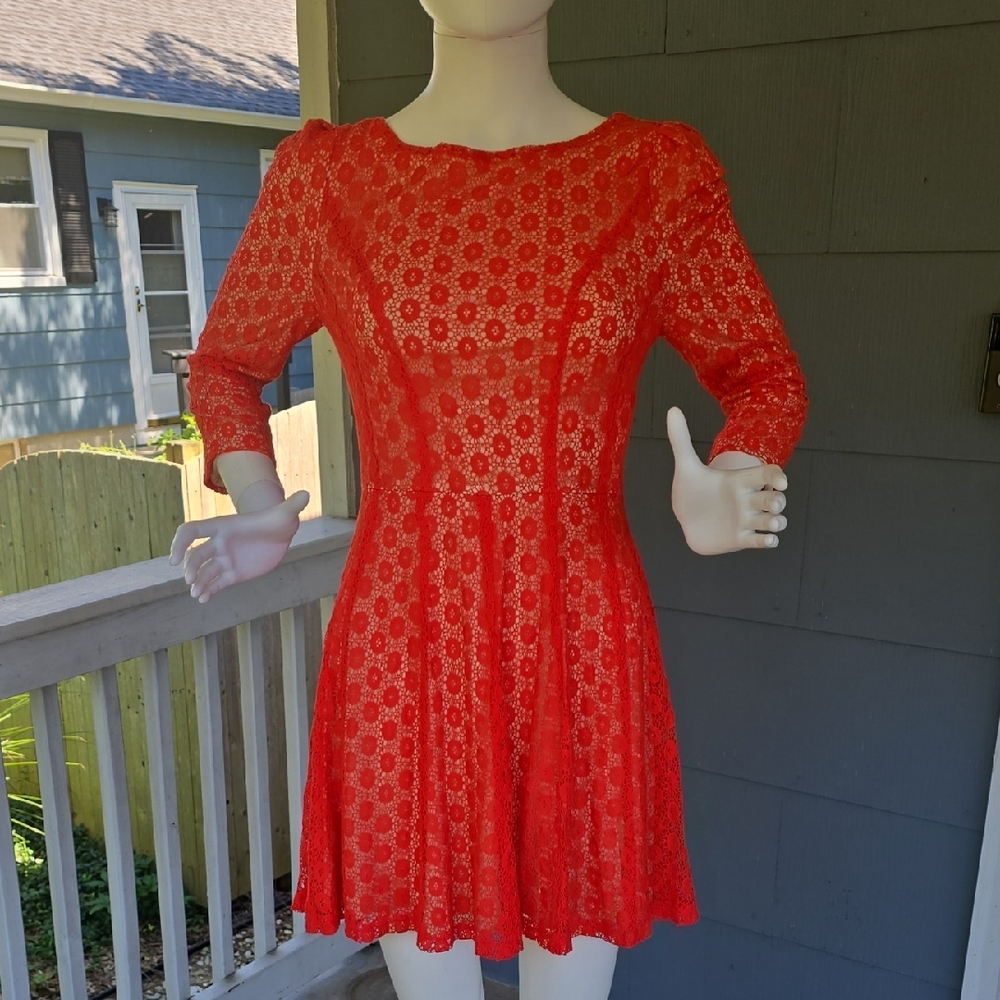 Burnt Orange/Coral 3/4 Sleeve Mini Skater Dress